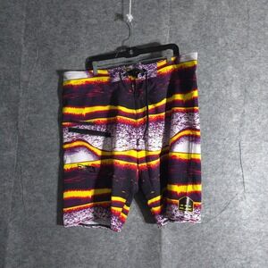 Pelagic 4-Tek Stretch Techno Board Shorts Mens Sz 38 Purple Yellow White Stripes
